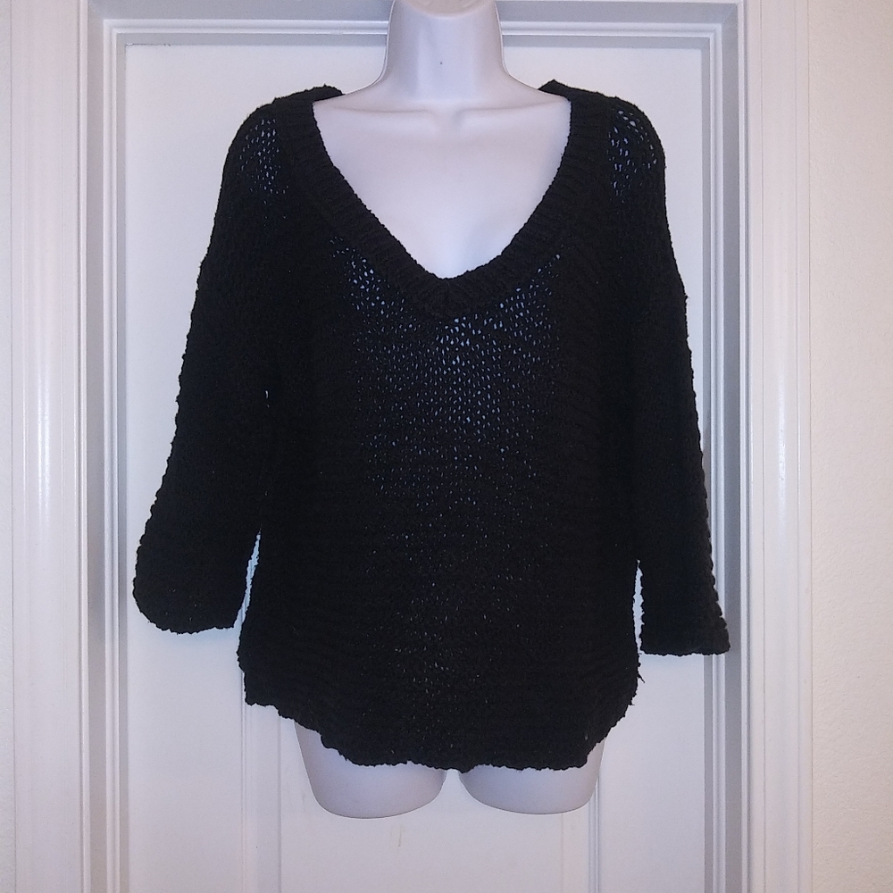 Free People Black Chunky Knit V Neck Sweater
